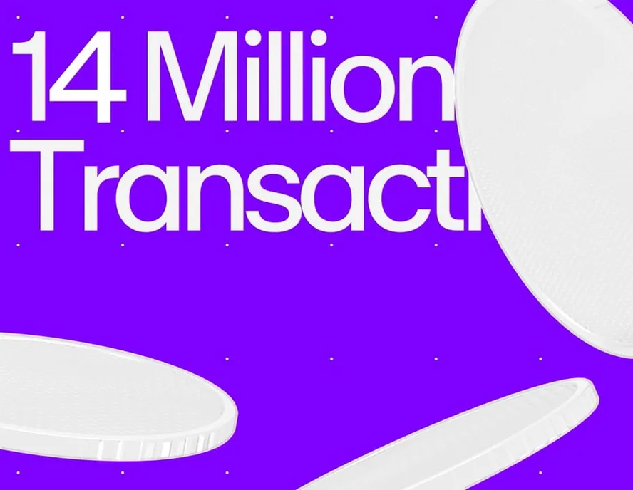Frame from the MoonPay brand film reading 14 million transactions