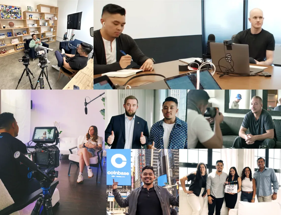 Collage of Hubert Lamela on set: directing shoots, interviewing founders and artists, and on location with crew