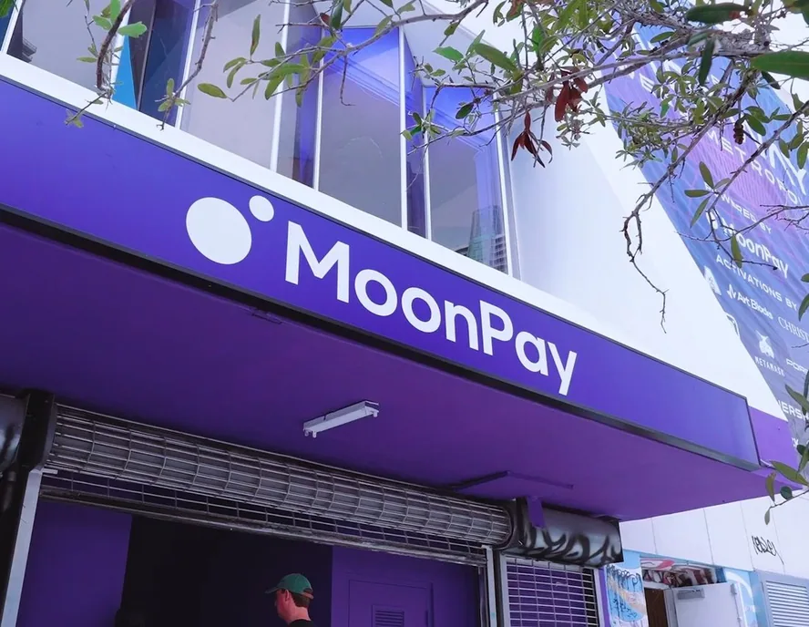 MoonPay storefront lit in purple for the Art Basel 2022 activation in Miami