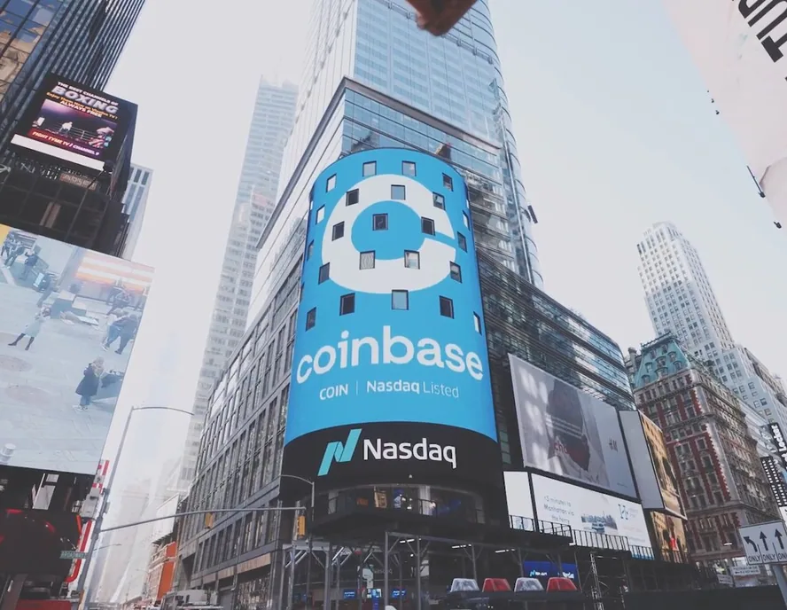 Coinbase branding on a Times Square billboard for its Nasdaq direct listing