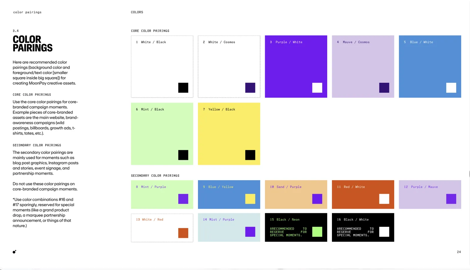MoonPay brand guidelines, color pairings